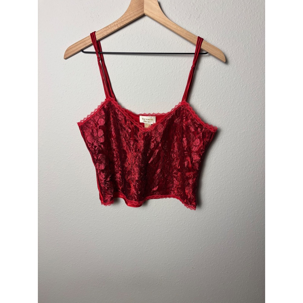 Victorias Secret Gold Label Red Floral Lace Satin Camisole Crop Top Vintage  M